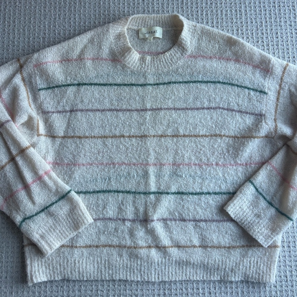 THE GREAT. Cream Multicolor Striped Sweater